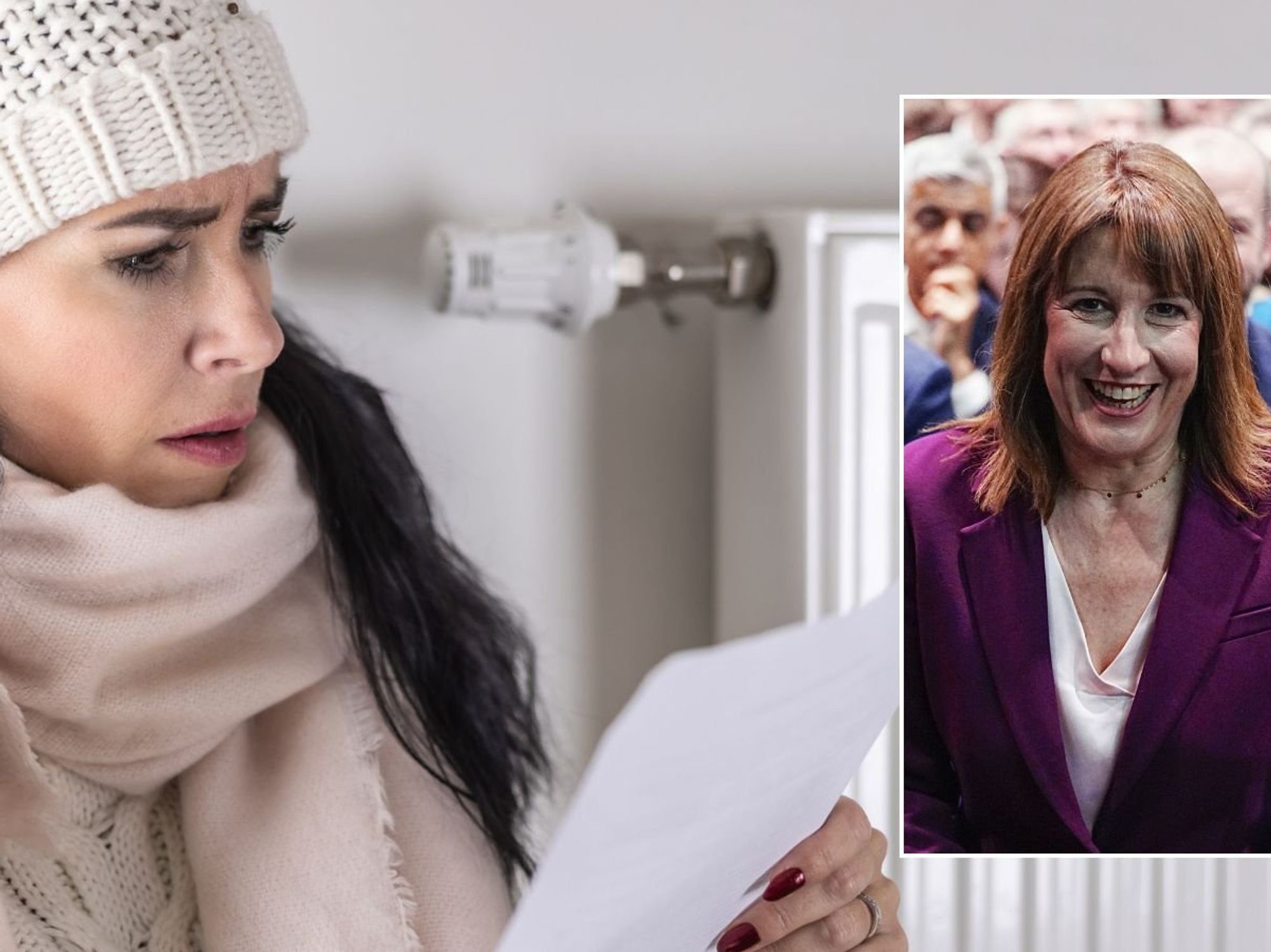 Rachel Reeves and woman at home looking at energy bill