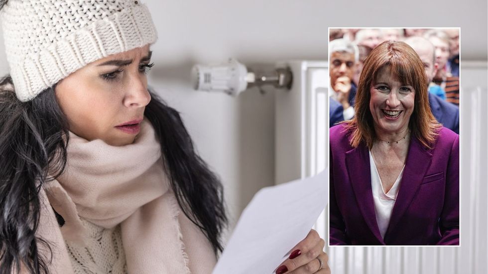 Rachel Reeves and woman at home looking at energy bill