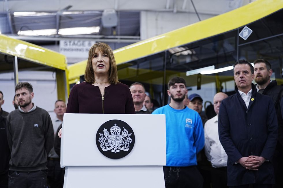 Rachel Reeves delivers a speech during a visit to Mellor Bus in Rochdale, Greater Manchester, to announce a multi-billion-pound boost for city transport in the North and the Midlands