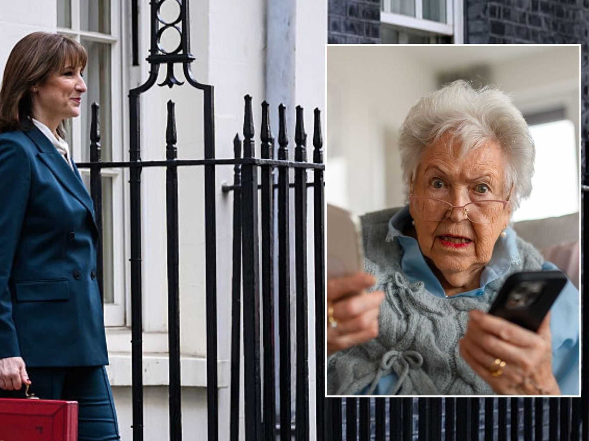 Rachel Reeves leaving Downing Street and woman looking upset