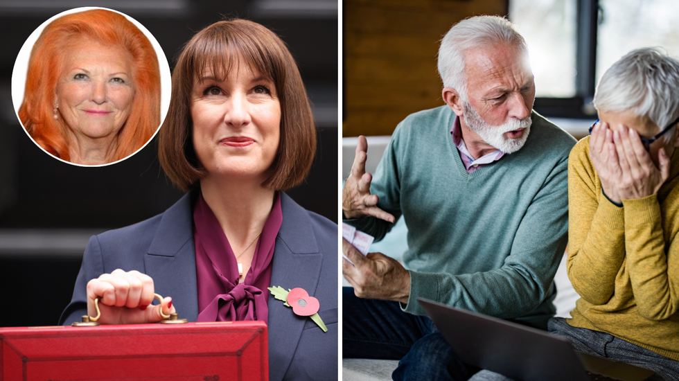 Rachel Reeves (left), couple stressed at computer (right)