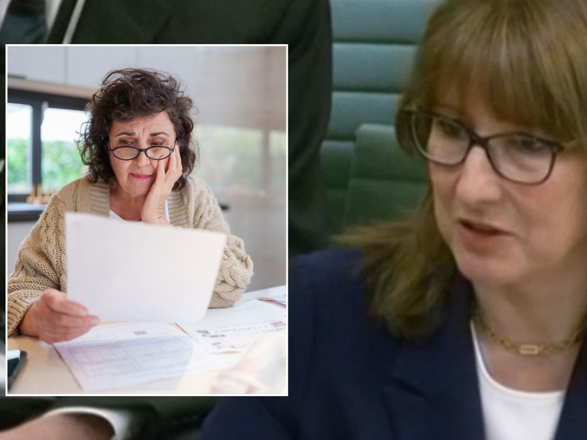 Rachel Reeves speaking to Treasury Committee and woman looking at letter