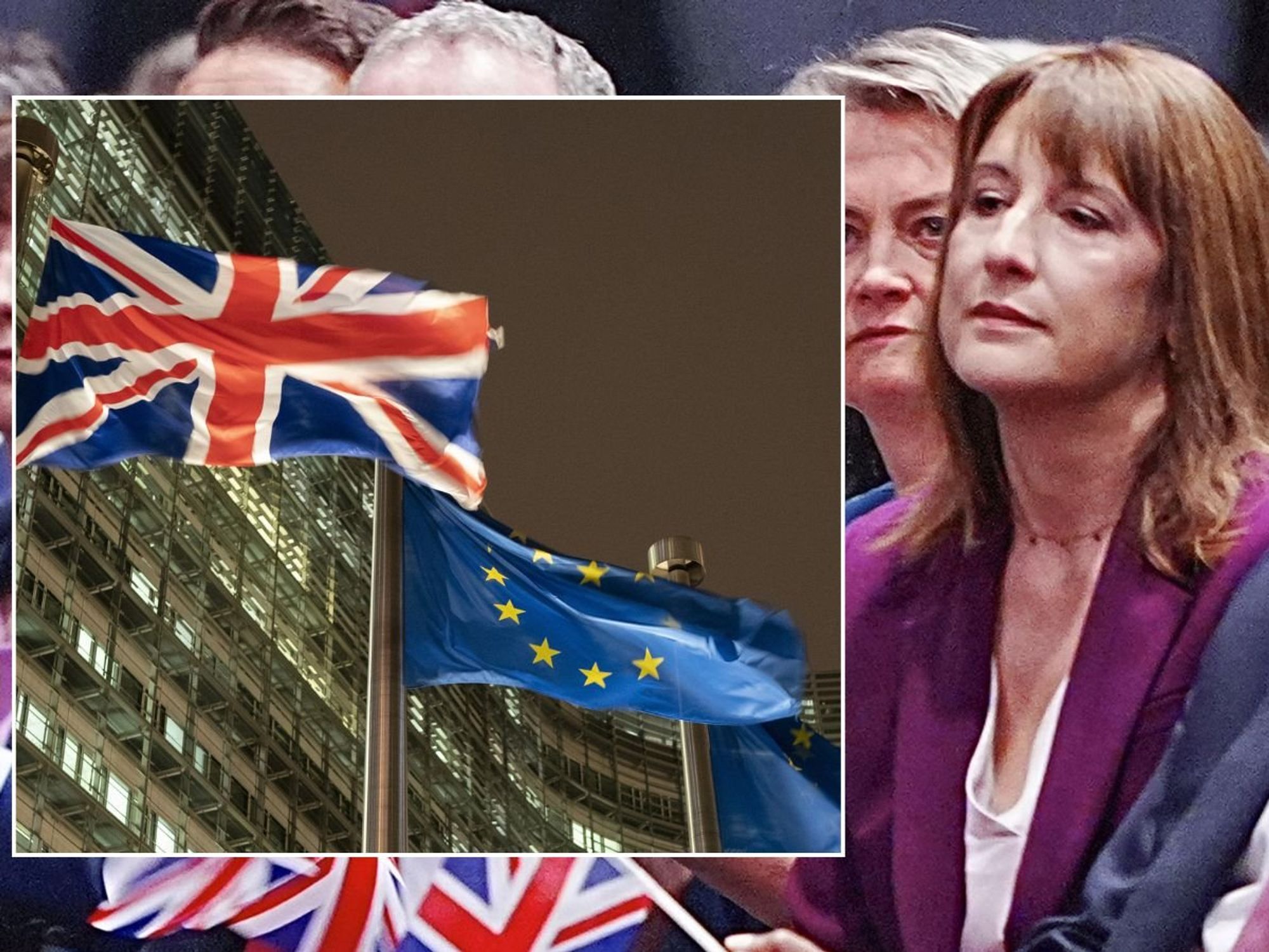 Rachel Reeves, Union Jack flag and EU flag