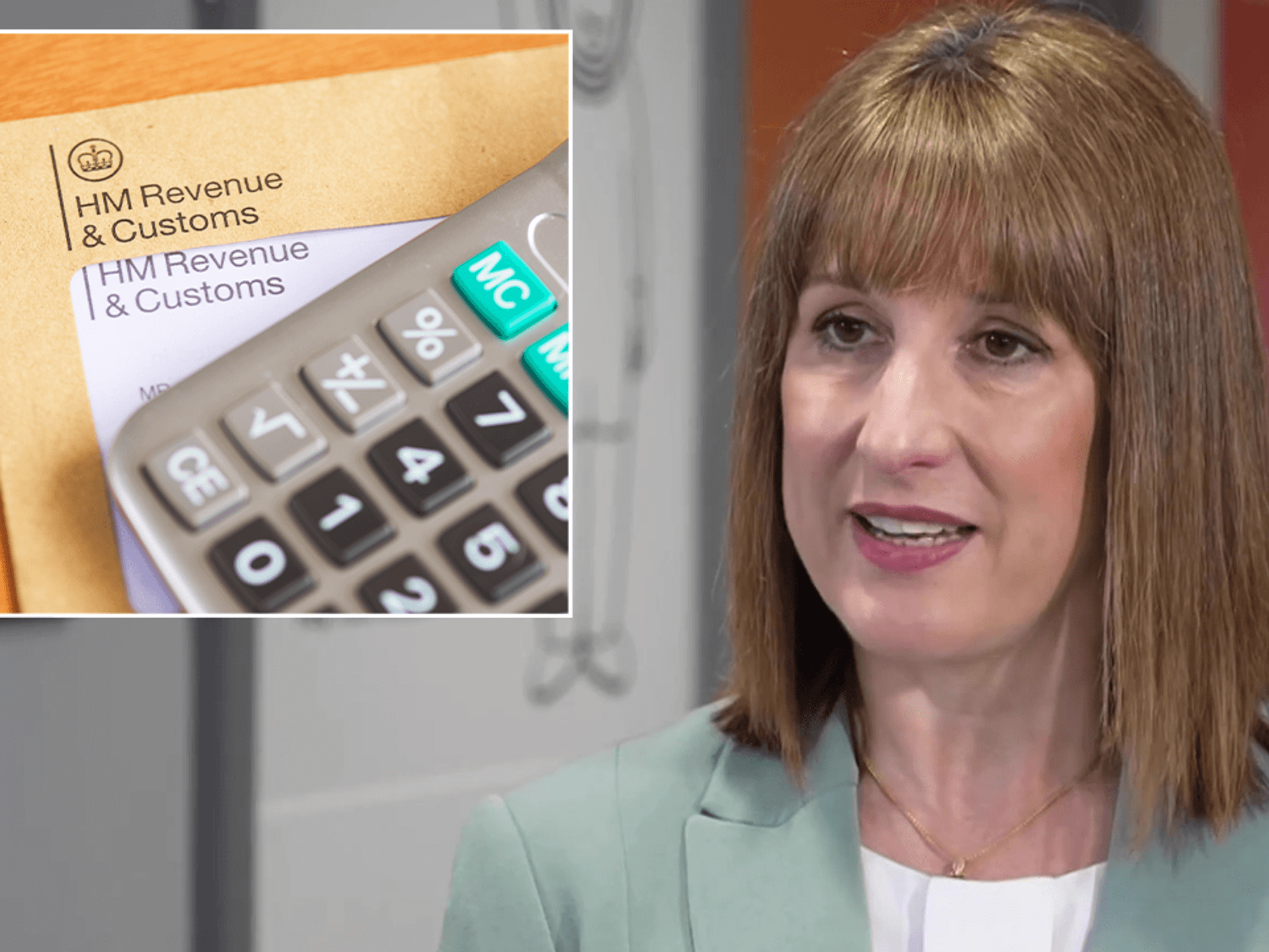 Rachel Reeves with an inset image of a HMRC envelope