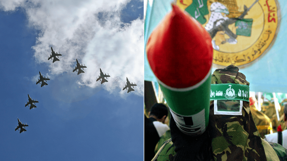 RAF training course (left), Masked members of Ez Al Dine Al Qassam, a militia linked to HAMAS, march during a rally to mark the 16th anniversary of Hamas' foundation on December 12, 2003 (right)