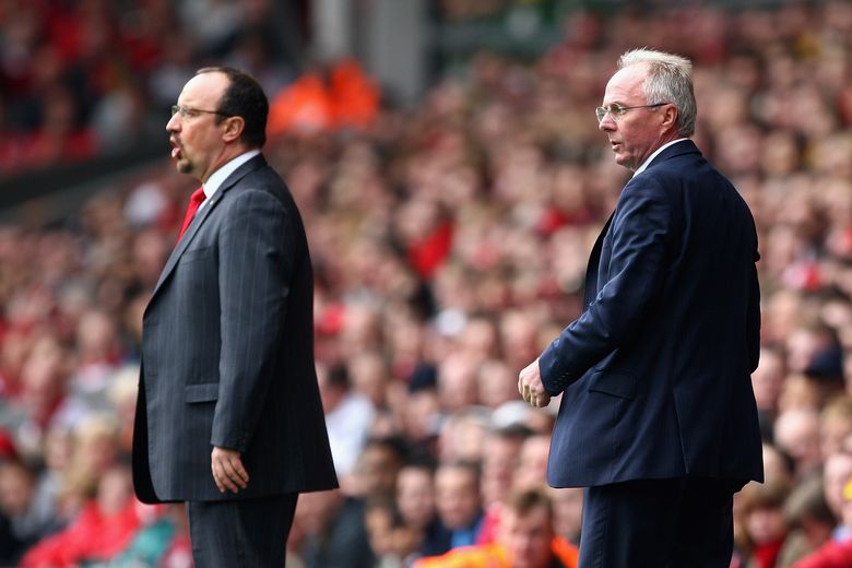 Sven-Goran Eriksson during his time as Manchester City manager in a game against Rafa Benitez's Liverpool.