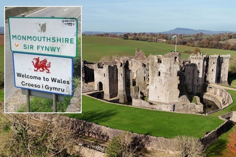 Raglan Castle and a road sign in Monmouthshire
