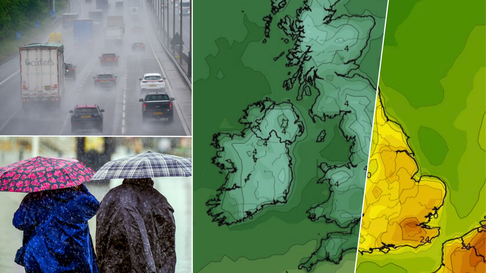 Rain on road/women with umbrellas/weather maps