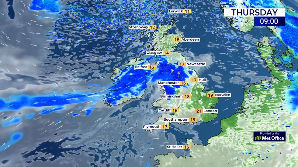 Rain will move slowly southeastwards across England and Wales.