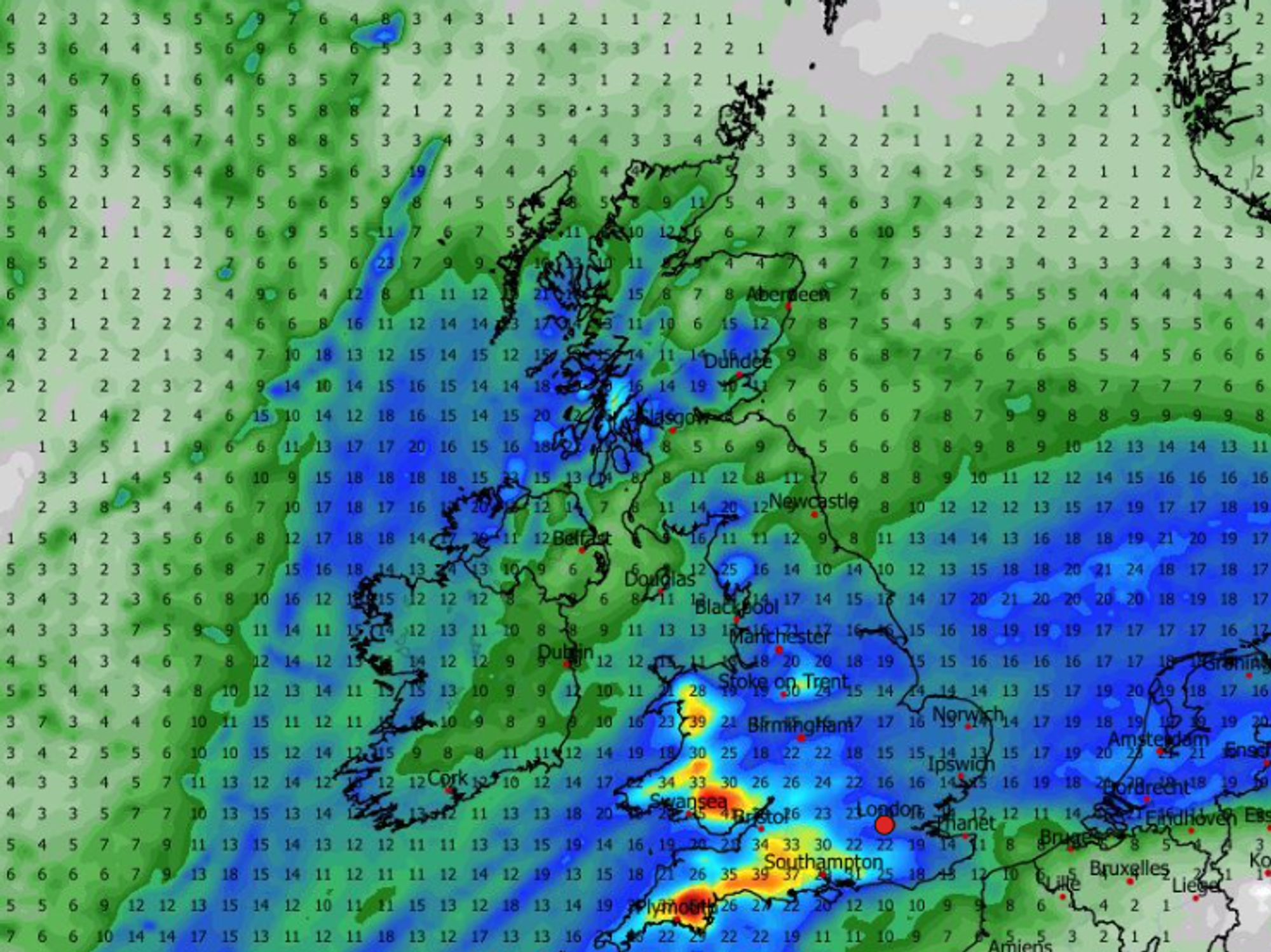 Rainfall over Britain December 7