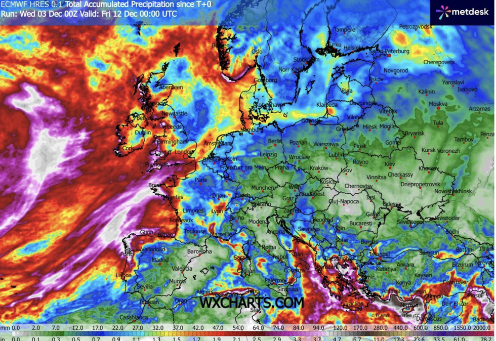 Rainfall totals will mount up in the UK, especially compared to the rest of Europe