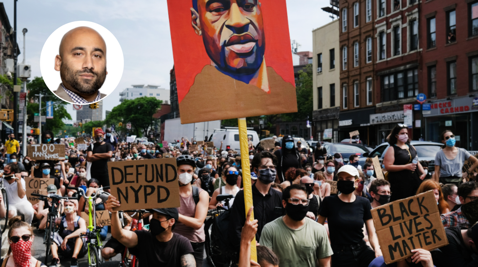 Rakib Ehsan (left), Black Lives Matter protest (right)