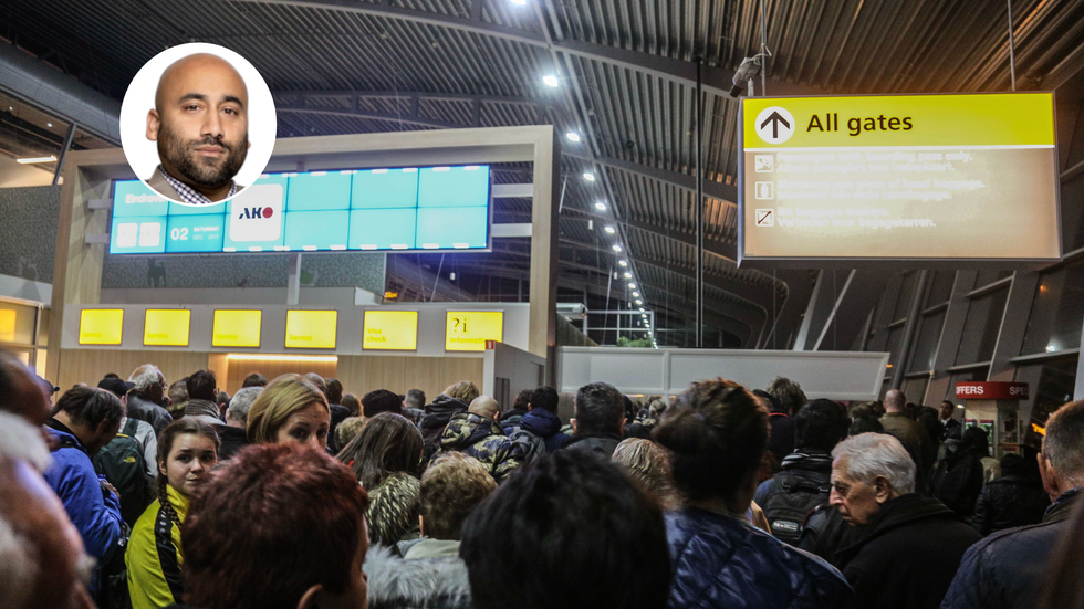 Rakib Ehsan (left), busy UK airport (right)