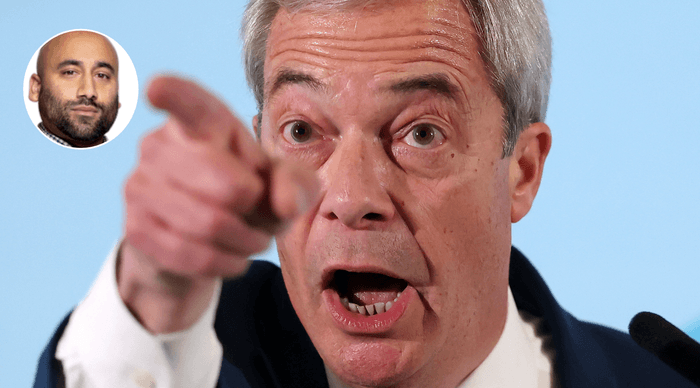 Rakib Ehsan (left), Nigel Farage (right)