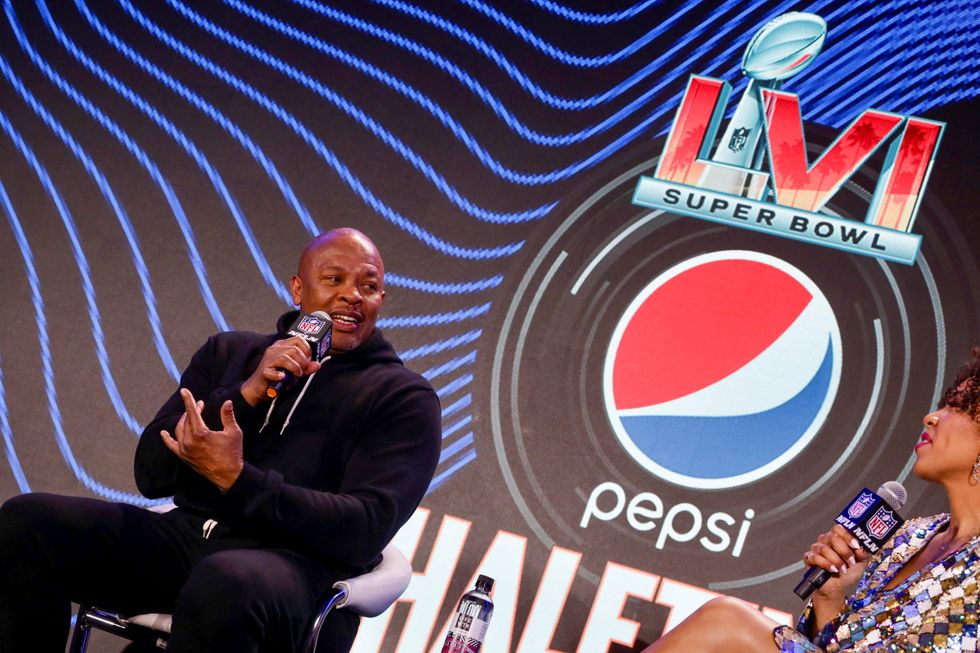 Rapper Dr. Dre speaks during a news conference about his upcoming performance at the halftime show of Super Bowl LVI in Los Angeles, California, U.S. February 10, 2022. REUTERS/Nathan Frandino