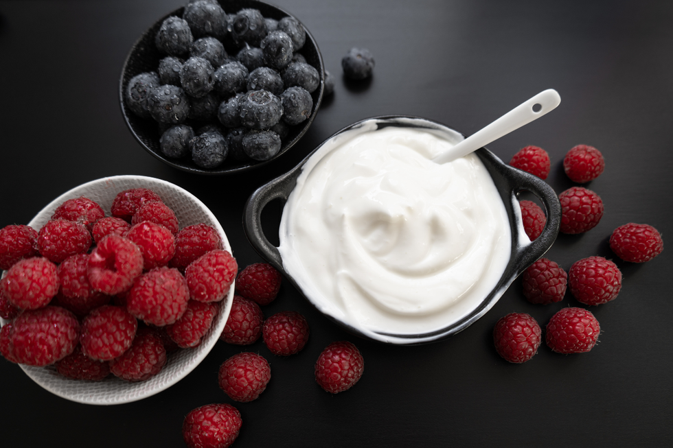 Raspberries, blueberries, Greek yoghurt