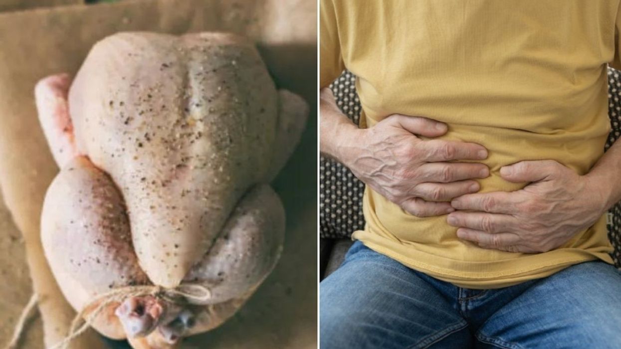Raw chicken / Man feeling ill hands on stomach
