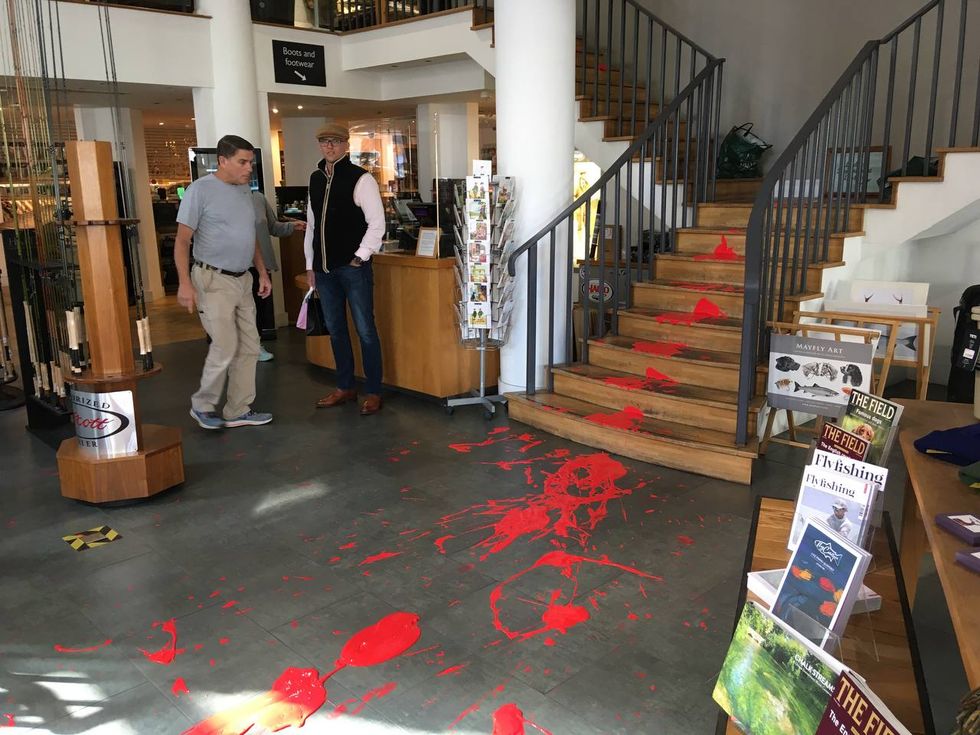 Rd paint inside Farlows Hunting shop in Pall Mall, London during a protest. Picture date: Saturday October 8, 2022.