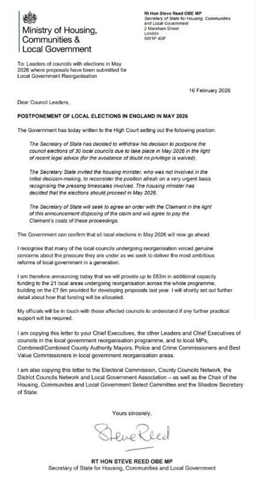 READ IN FULL: Steve Reed's letter to local councils