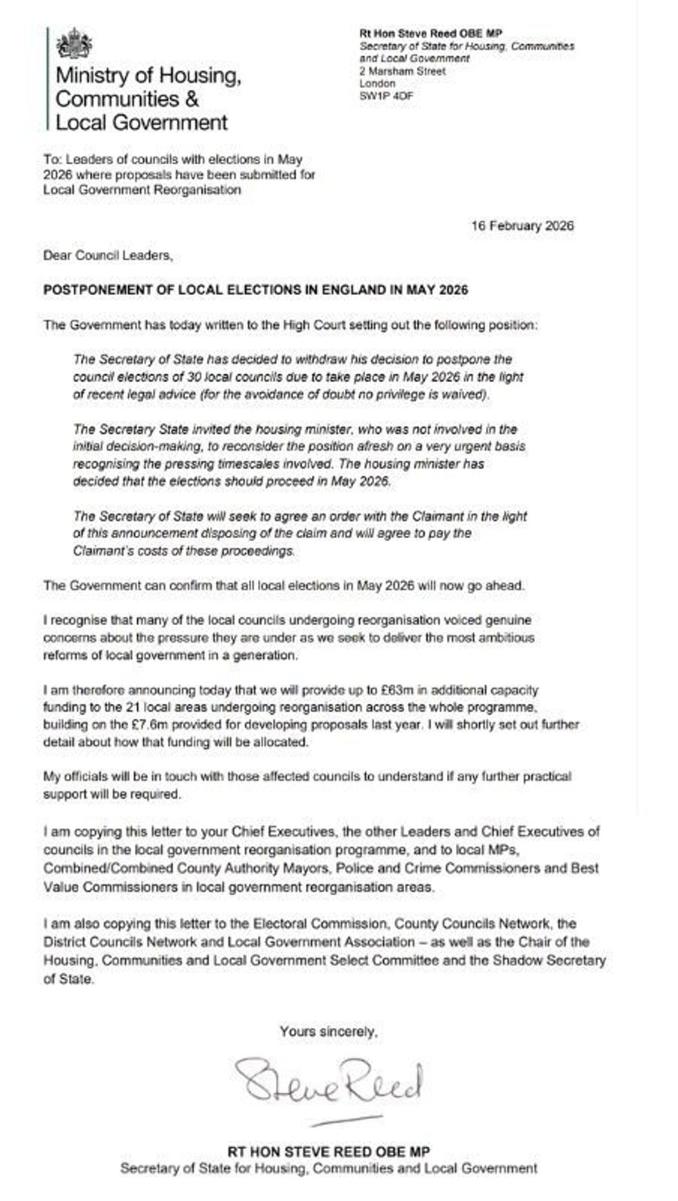 READ IN FULL: Steve Reed's letter to local councils
