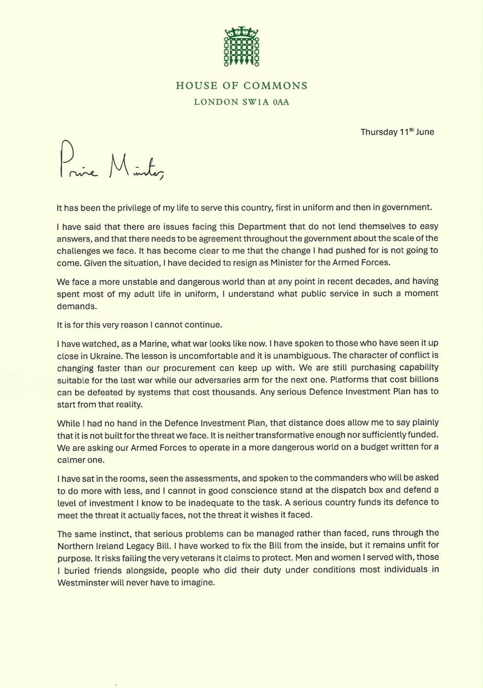 Read the first page of Al Carns's letter