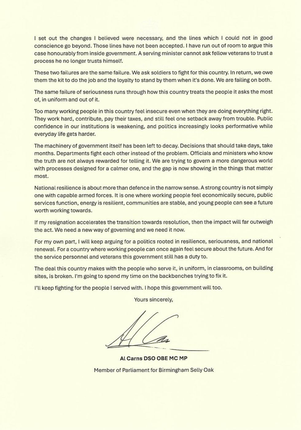 Read the second page of Al Carns's letter