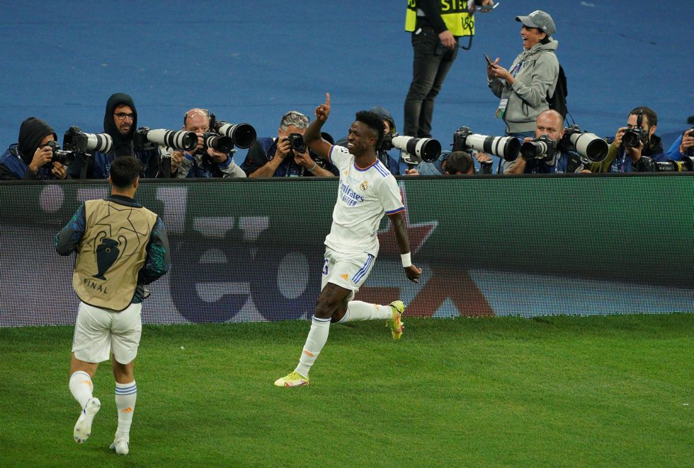 Real Madrid's Jose Vinicius Junior celebrates scoring the opening goal during the UEFA Champions League Final at the Stade de France, Paris. Picture date: Saturday May 28, 2022.