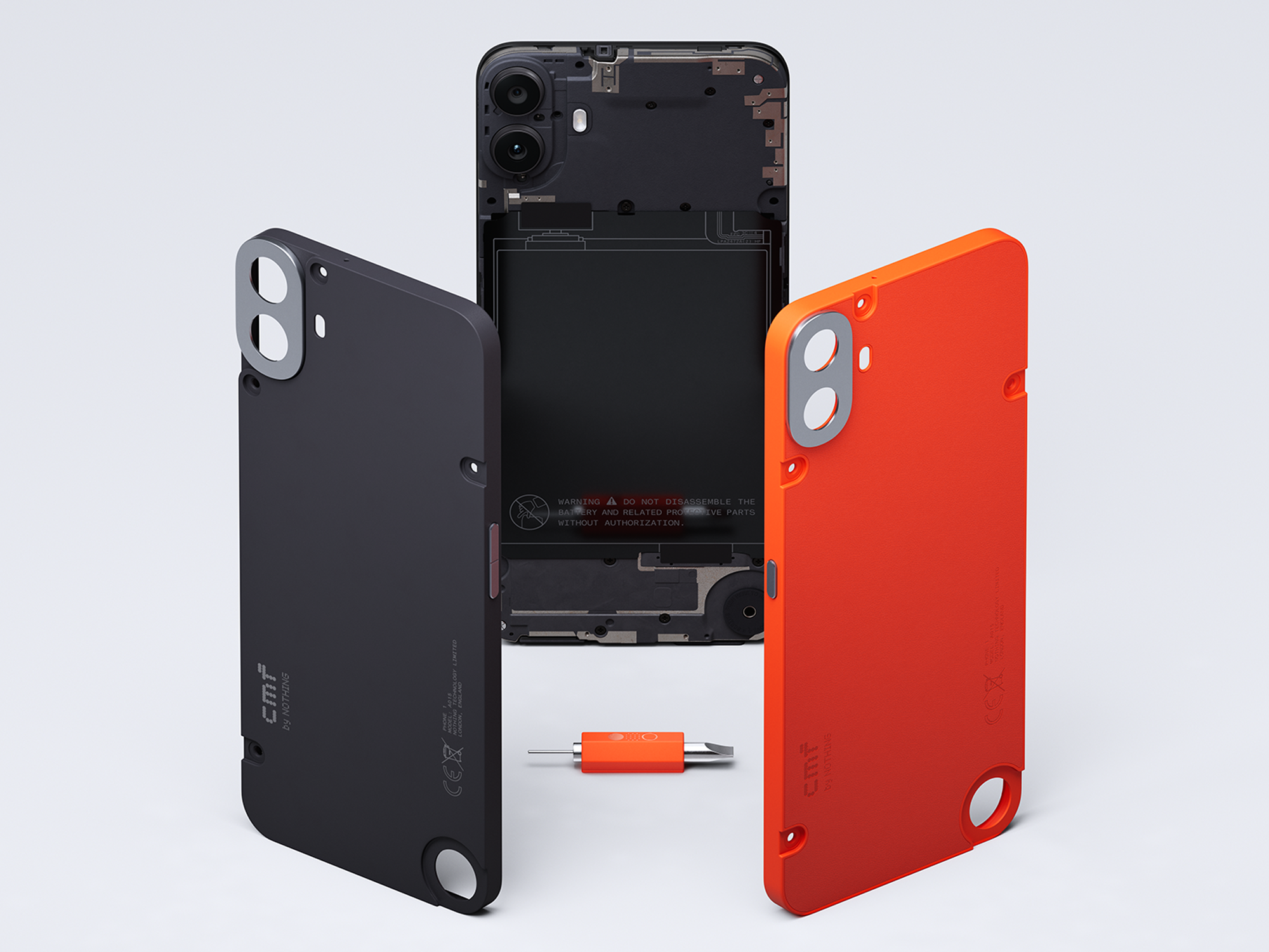 rear case in orange and black being removed from the cmf phone 1