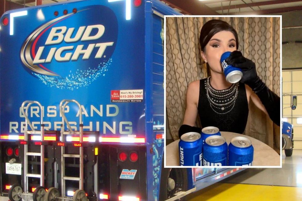 Rear of a Bud Light truck with Dylan Mulvaney photo inset