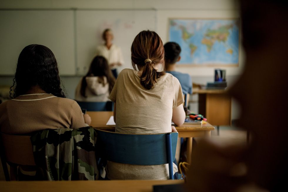 Rear view of teenage girls and boys learning in classroom