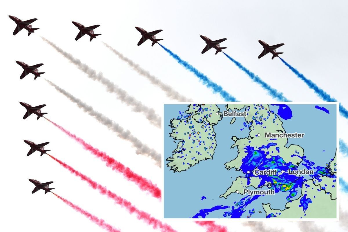 Red Arrows fly past, inset of Met Office weather map