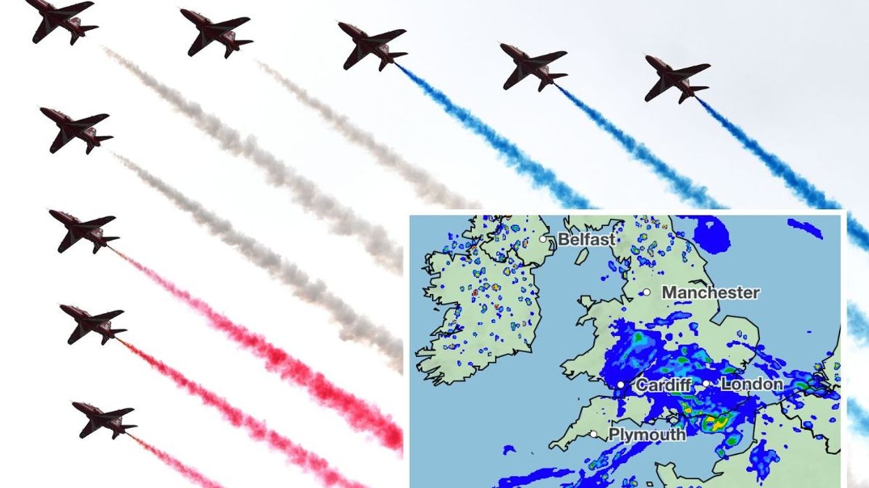 Red Arrows fly past, inset of Met Office weather map