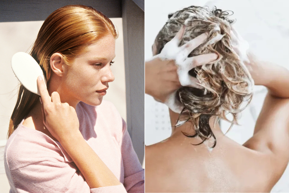 Red haired woman brushing hair / woman washing hair