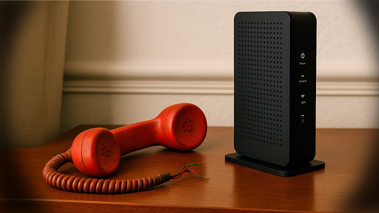 red landline phone shown disconnected on the side with a state-of-the-art Wi-Fi router with blinking full-fibre connection lights beside it