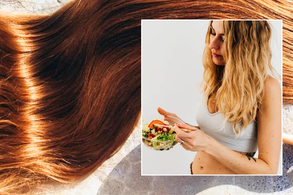 red shiny hair / woman eating salad