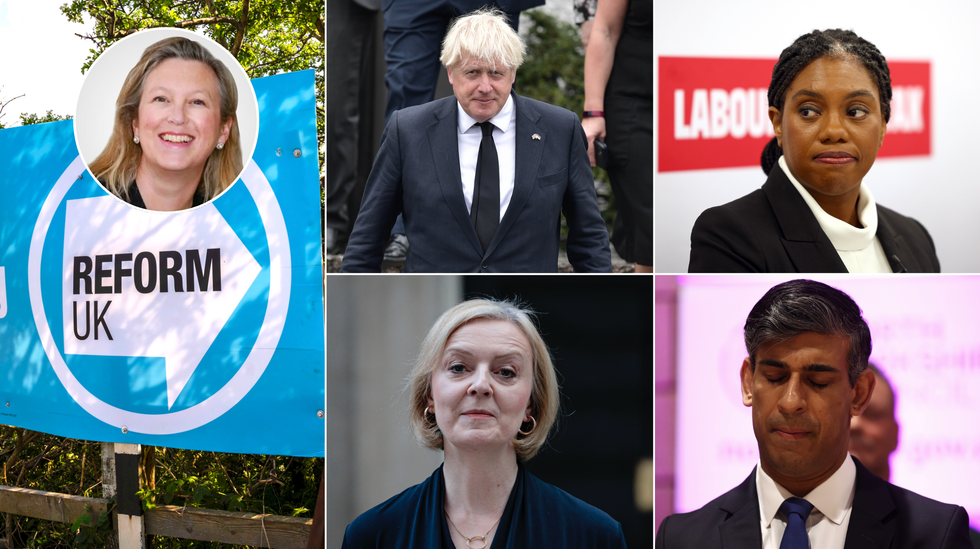 Reform UK banner (left), Sally-Ann Hart (top left), Boris Johnson (second left in), Kemi Badenoch (top right), Rishi Sunak (bottom right)