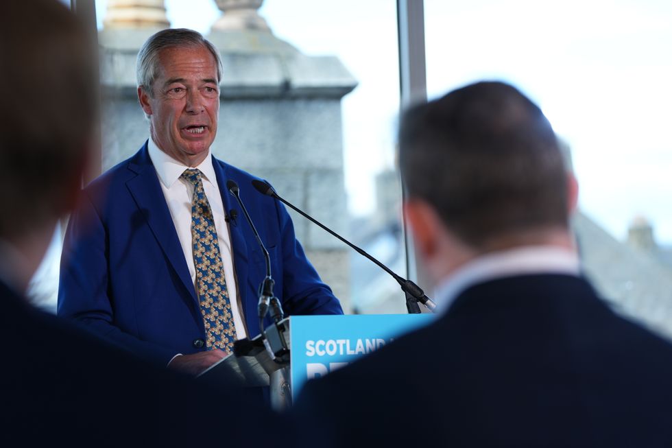Reform UK leader Nigel Farage attends a press conference on June 2, 2025 in Aberdeen, Scotland