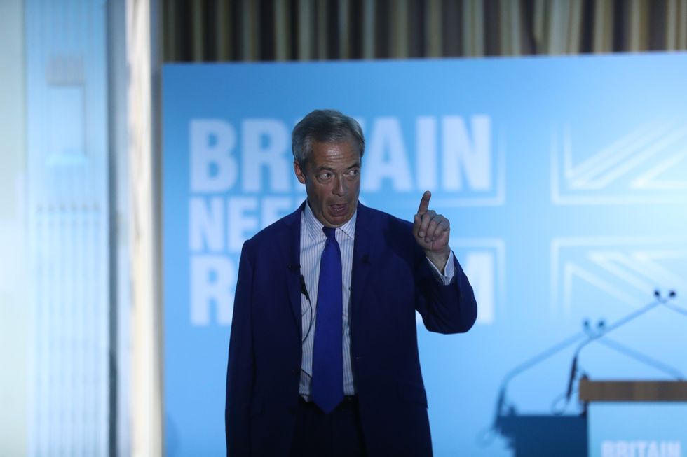 Reform UK leader Nigel Farage speaking at an event at the Imperial Hotel in Blackpool, while on the General Election campaign trail