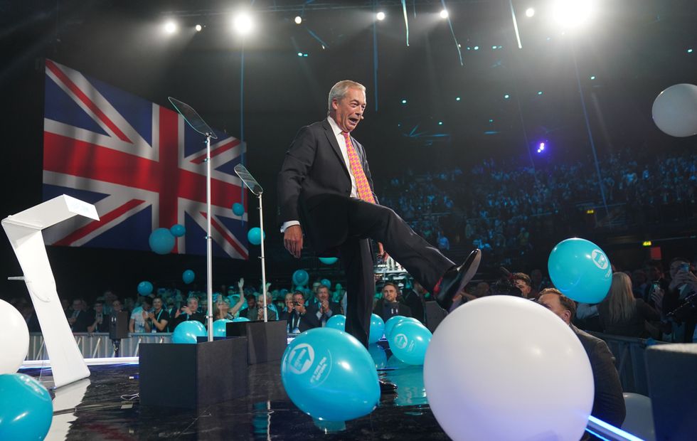 Reform UK leader Nigel Farage speaking during the party's annual conference