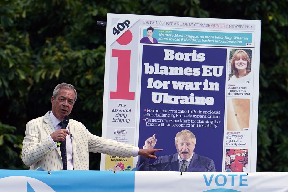 Reform UK leader Nigel Farage speaking on top of a double decker bus at the Mercure Maidstone Great Danes Hotel in Maidstone Kent