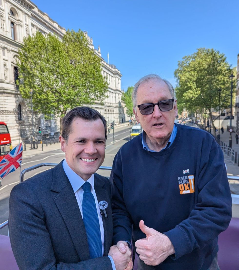 Reform UK's Treasury spokesperson Robert Jenrick with FairFuelUK founder Howard Cox at the fuel protest