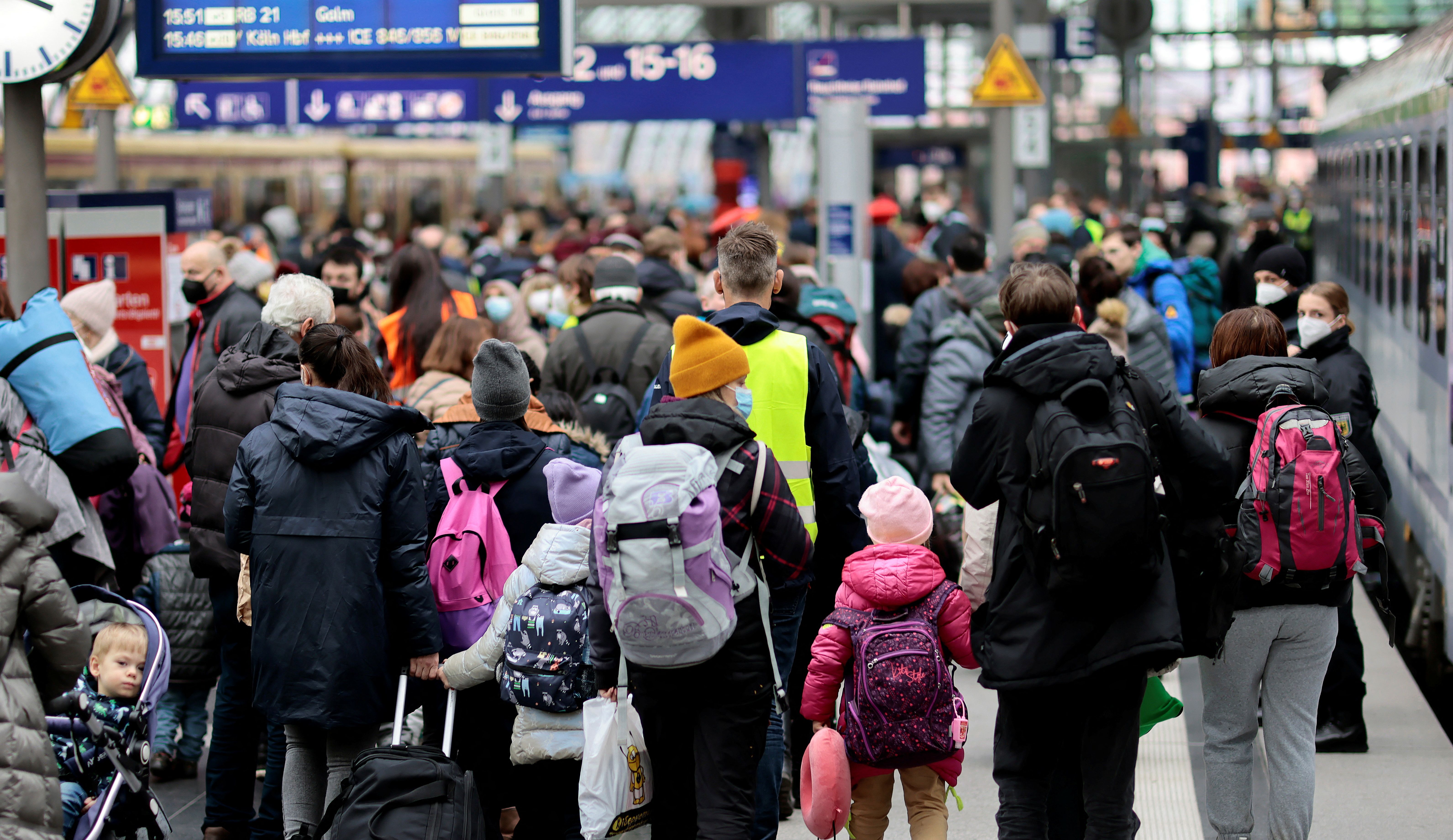 Refugees from Ukraine arrive at the central station, in Berlin, Germany.