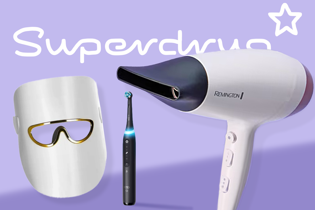 Remington hair dryer, Oral-B toothbrush, and Erth Beauty face mask in front of Superdrug logo