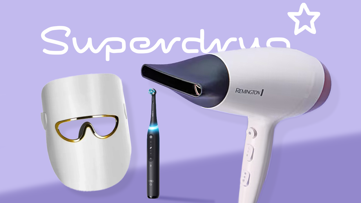 Remington hair dryer, Oral-B toothbrush, and Erth Beauty face mask in front of Superdrug logo