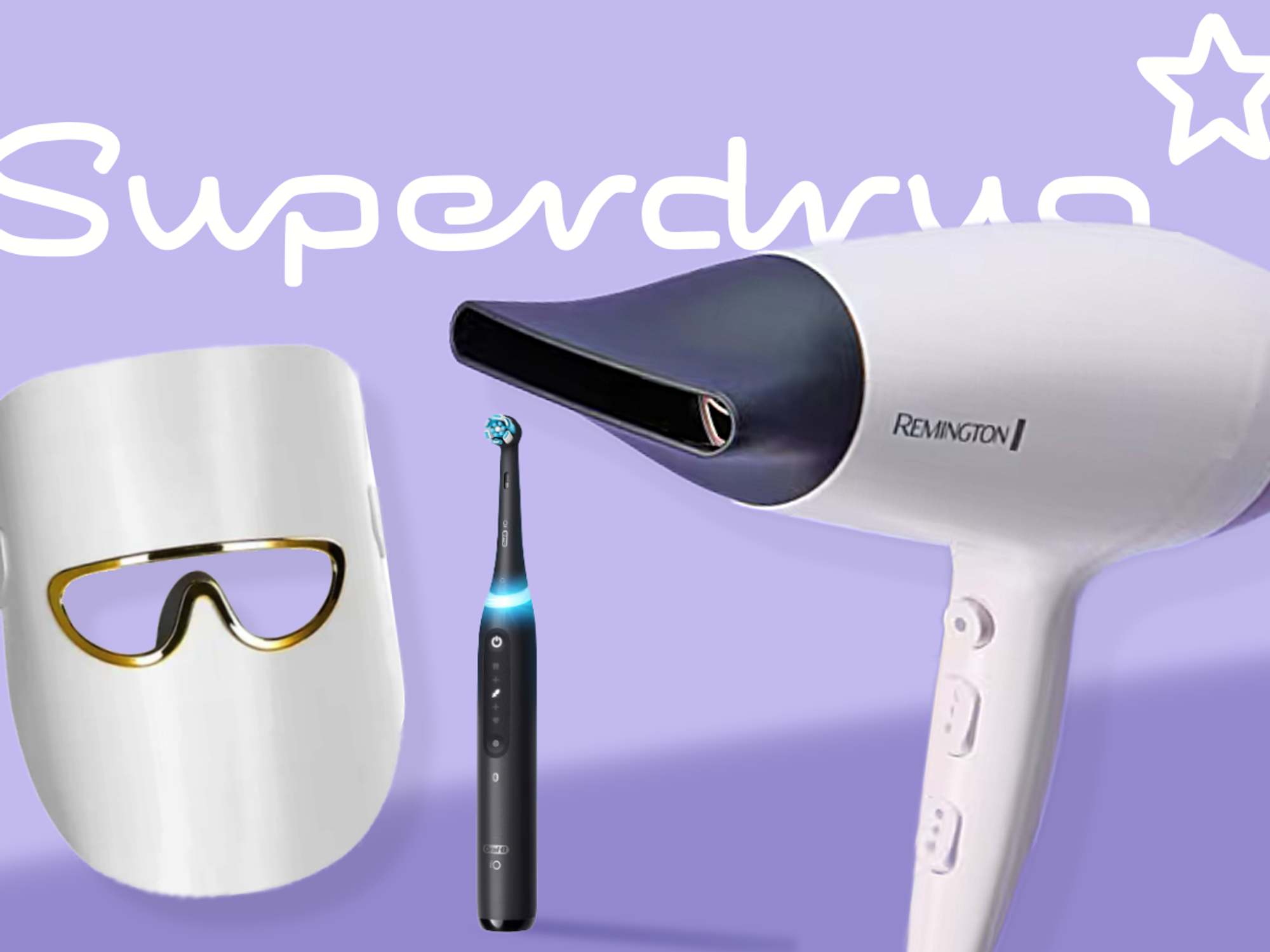 Remington hair dryer, Oral-B toothbrush, and Erth Beauty face mask in front of Superdrug logo