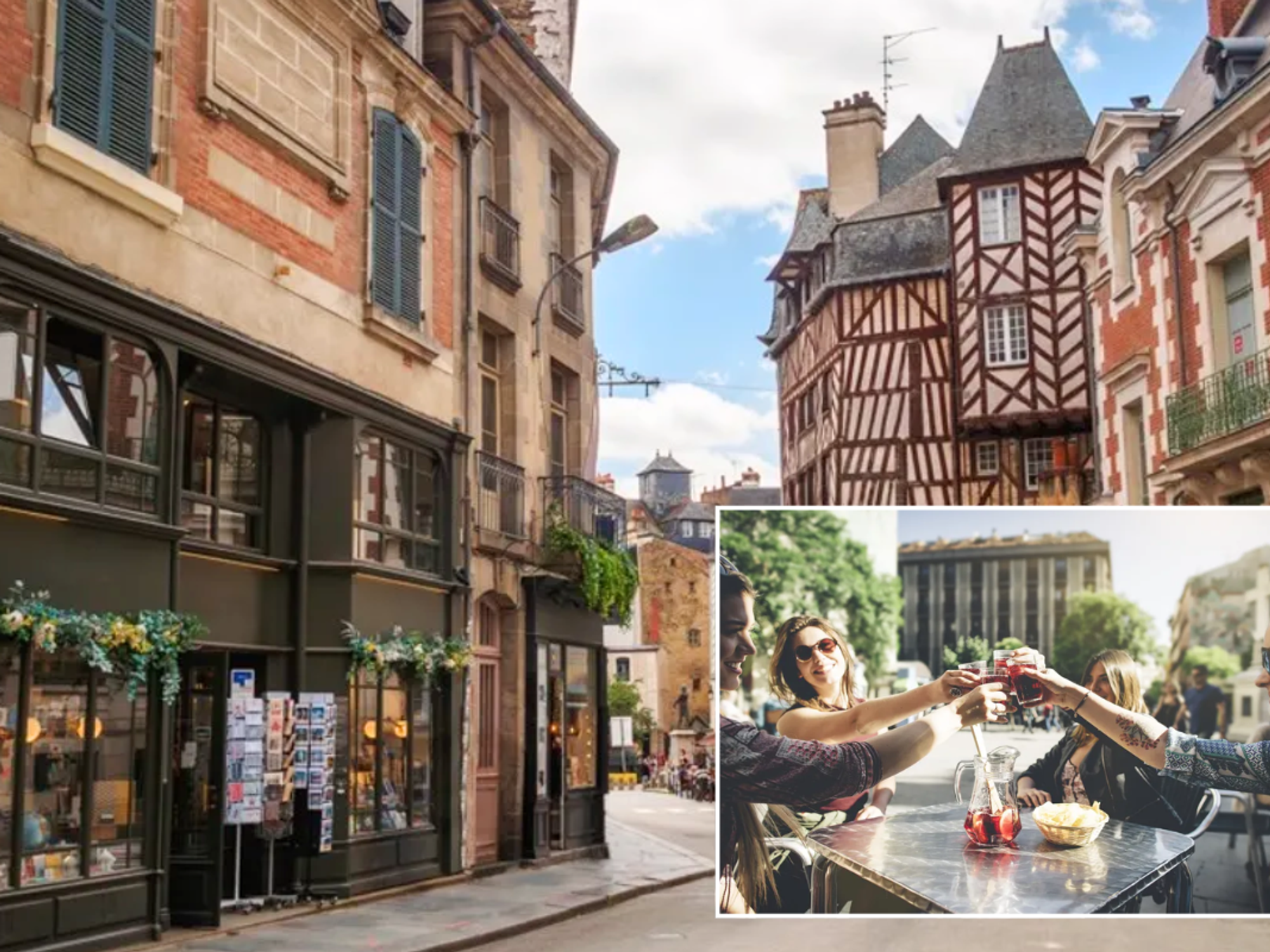 Rennes in France, streets, Brittany / friends drinking in Spain