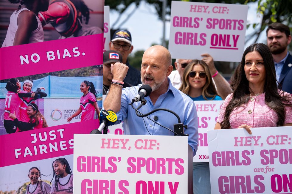 Republican candidate Steve Hilton held a press outside the CIF State Track Championship amid controversy over AB Hernandez
