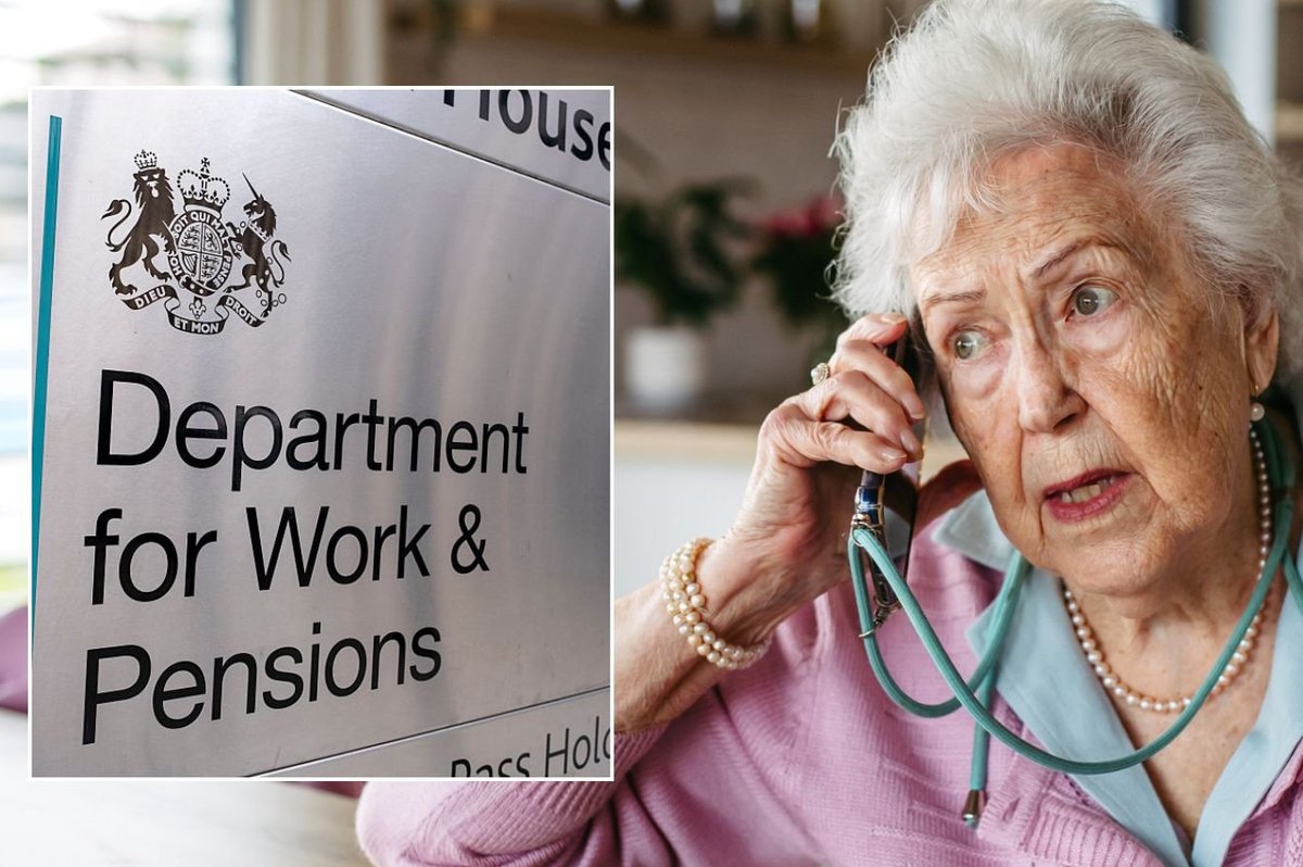 Retiree on the phone and DWP sign
