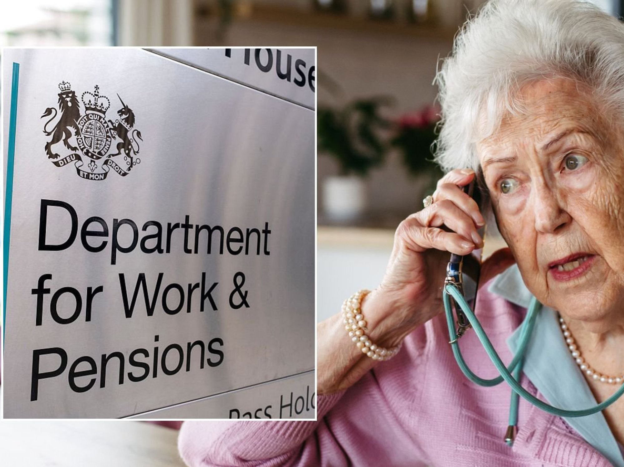 Retiree on the phone and DWP sign