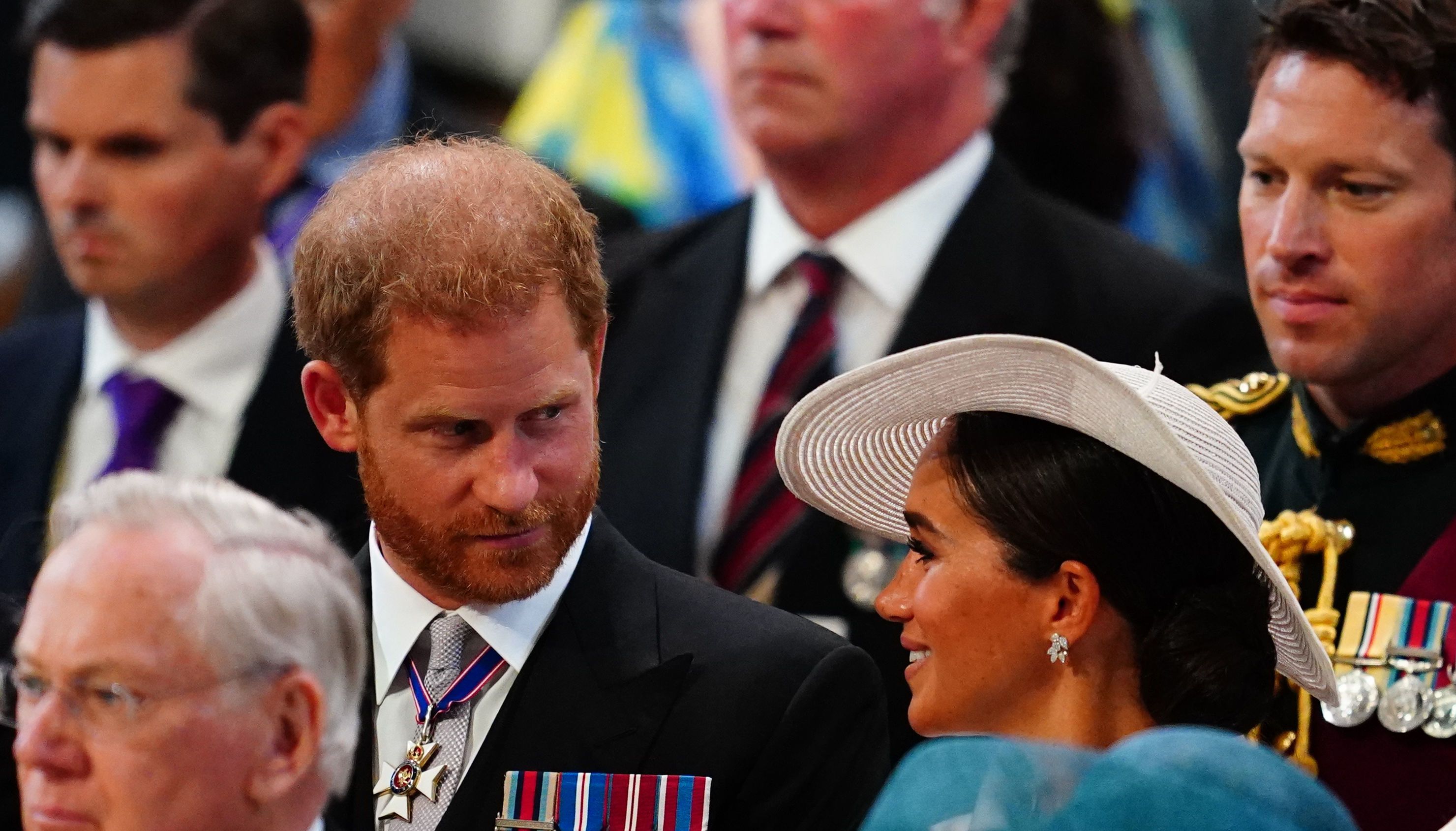 RETRANSMITTING AMENDING BYLINE TO VICTORIA JONESThe Duke and Duchess of Sussex during the National Service of Thanksgiving at St Paul's Cathedral, London, on day two of the Platinum Jubilee celebrations for Queen Elizabeth II. Picture date: Friday June 3, 2022.